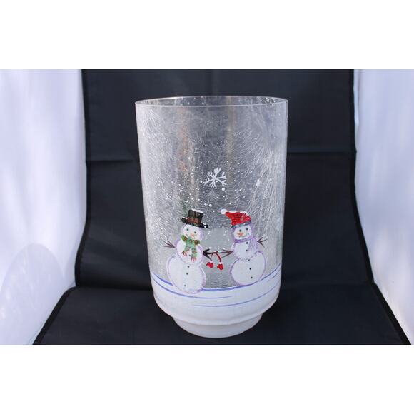 Clear Crackle Large Candle holder/Planter SNOWMAN COUPLE w/ Trees Hand painted - Picture 1 of 6